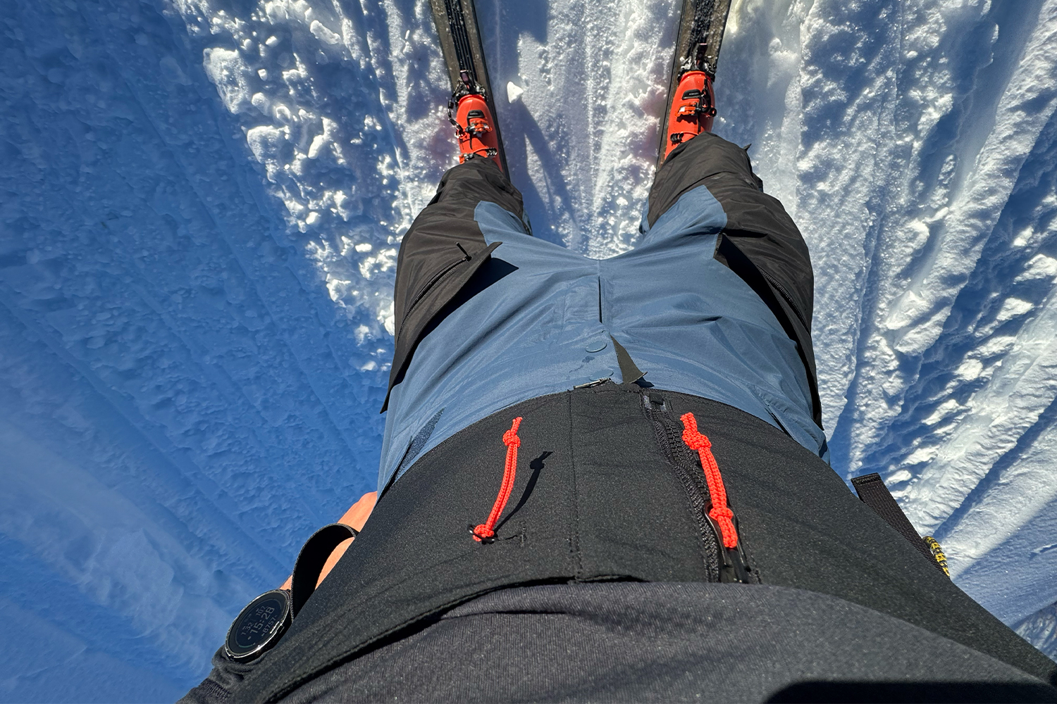 Close-up of ski pants with three-layer Powertex fabric and red drawstrings