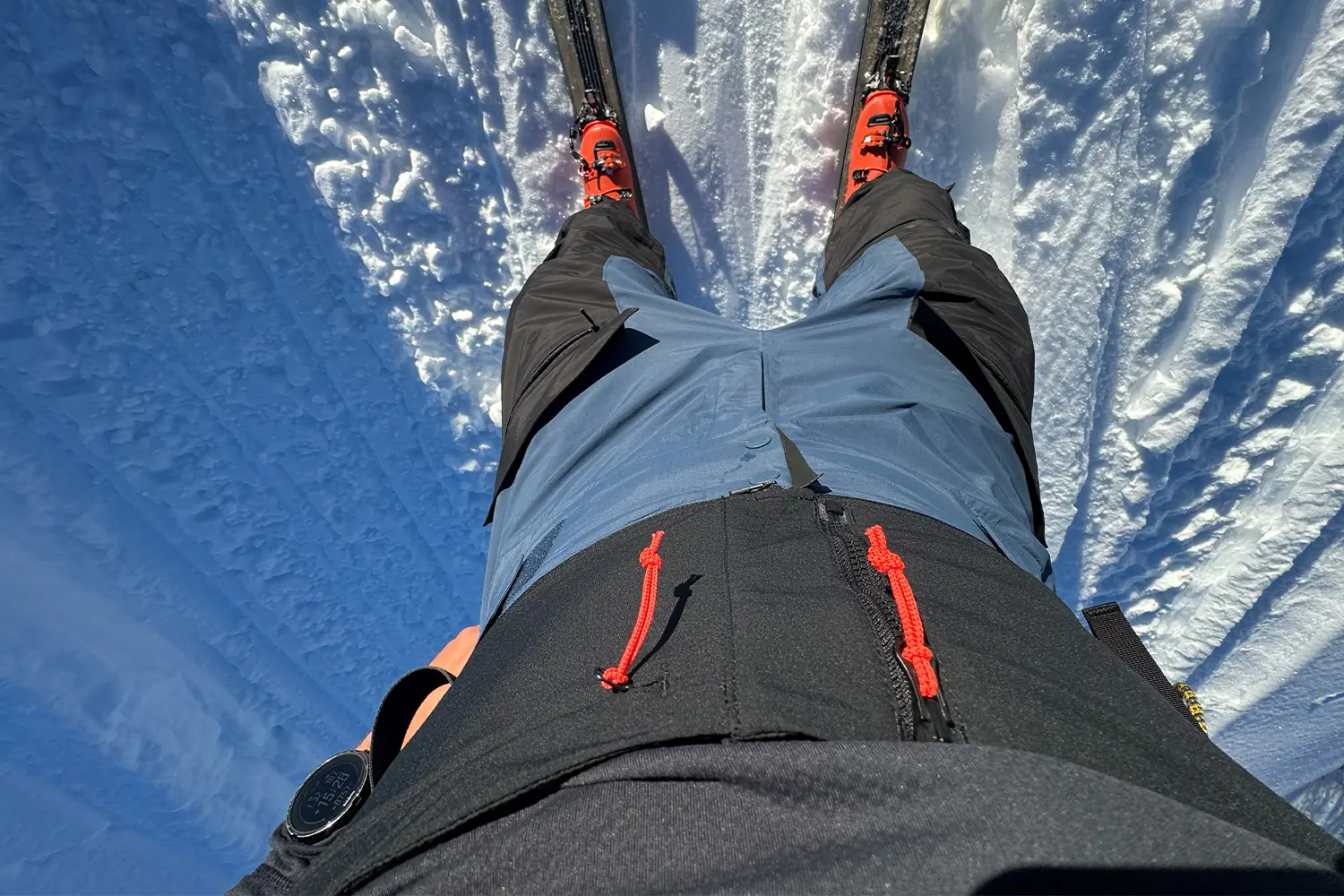 Close-up of ski pants with three-layer Powertex fabric and red drawstrings