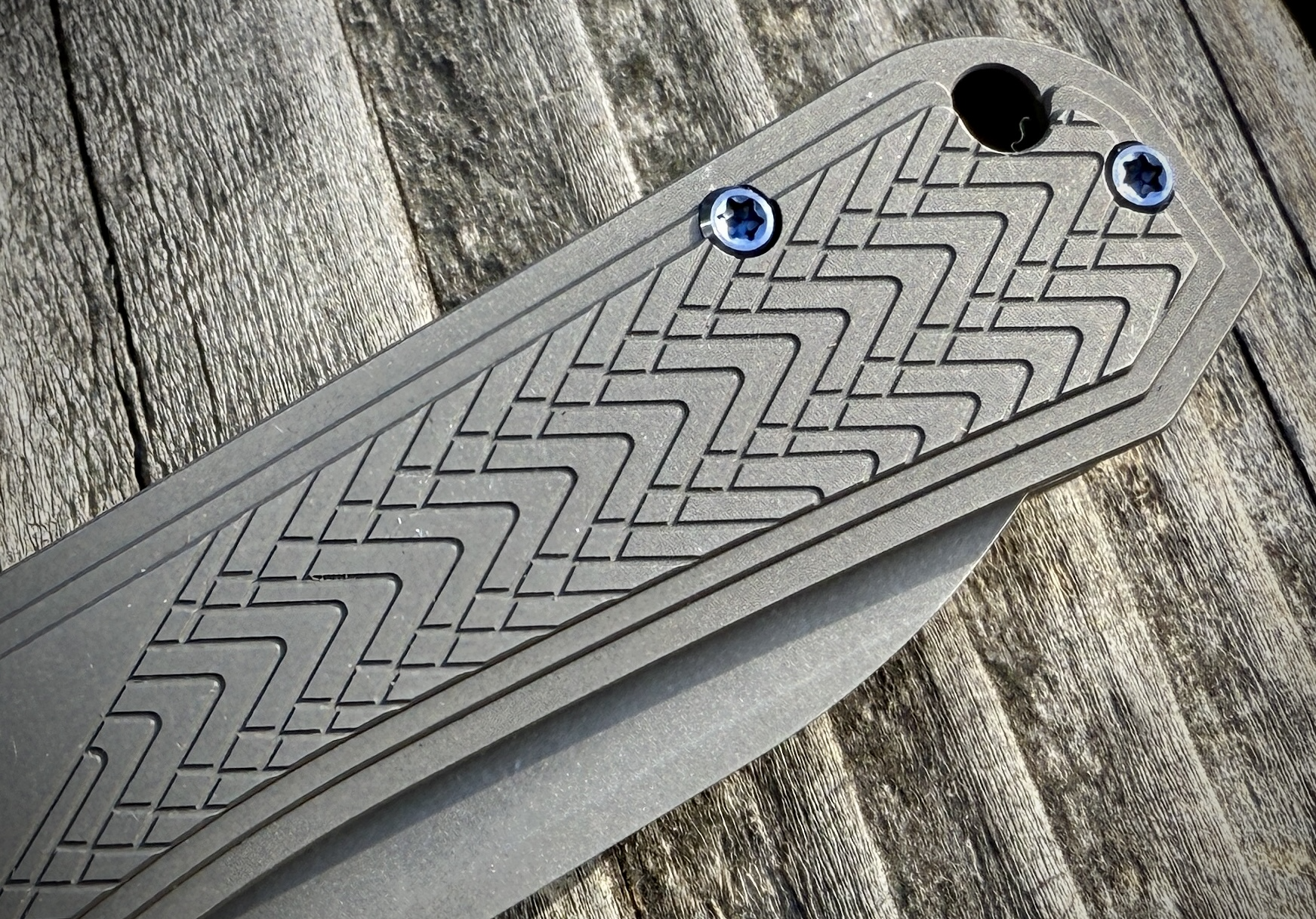 Close-up of the WE Knife Bougie Banter handle, highlighting its precise textured pattern and blue-accented screws