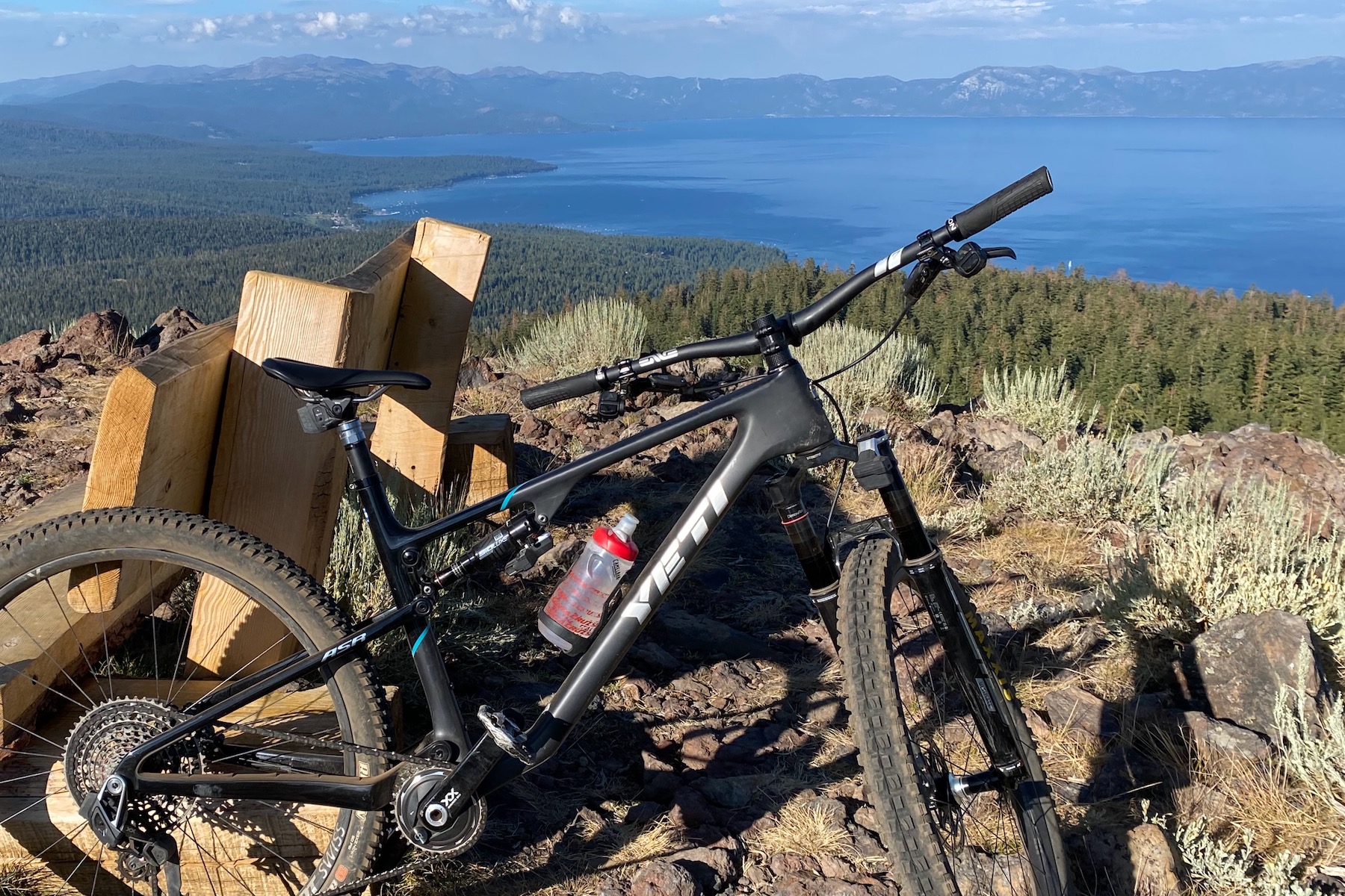 Close up view of the Yeti ASR with Lake Tahoe in the background