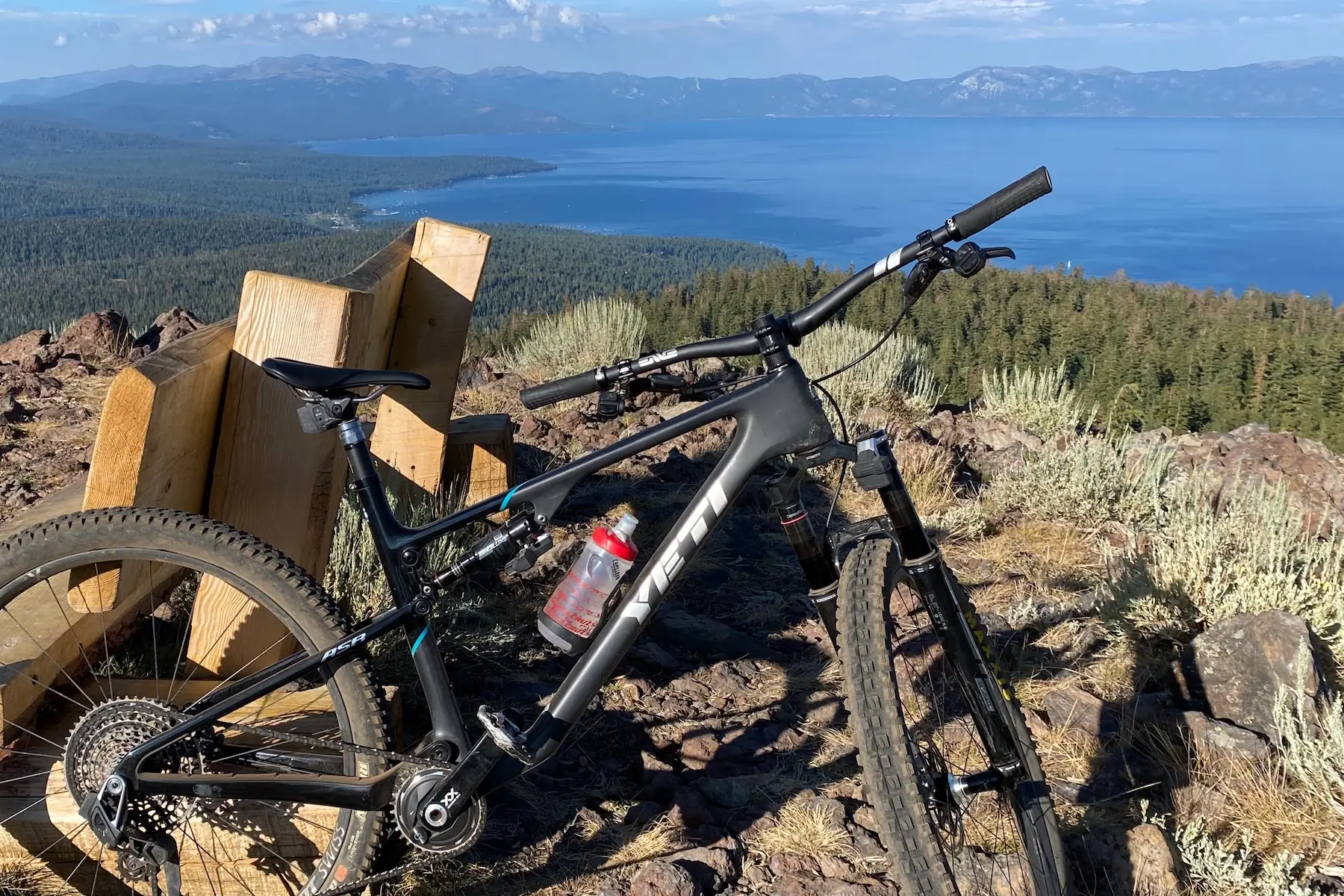 Close up view of the Yeti ASR with Lake Tahoe in the background