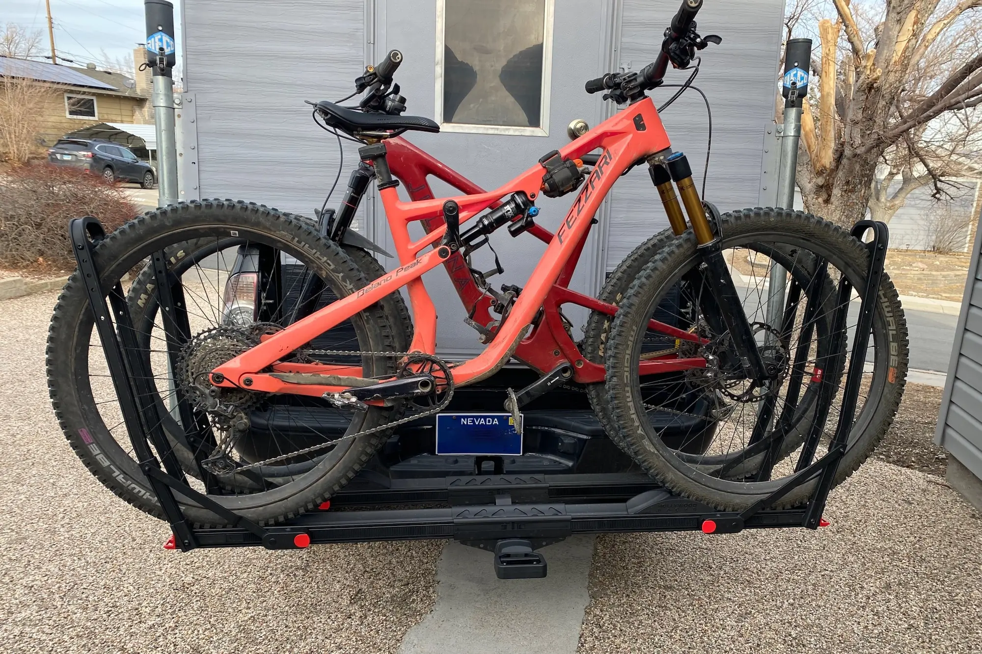 Two bikes loaded on the Hollywood racks CrossTrack bike rack