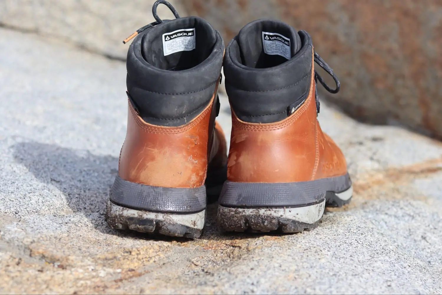back view of the Vasque St. Elias boots, highlighting the leather exterior