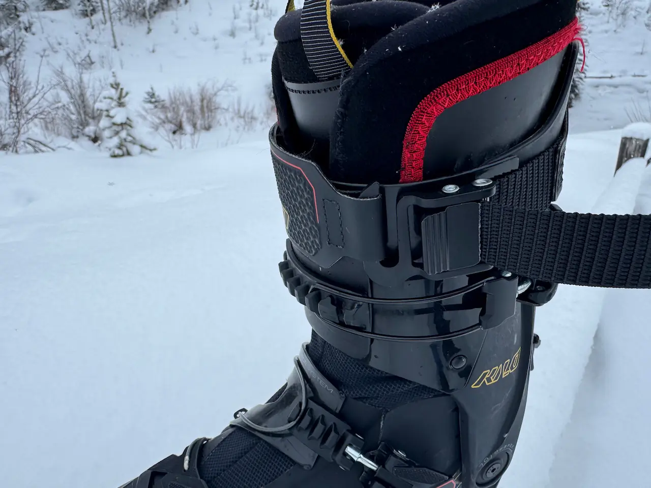 Detail of the La Sportiva Kilo boot’s walk mode lever and cuff system