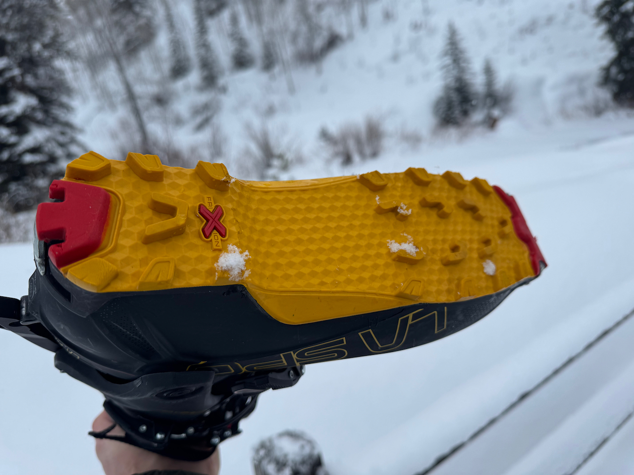 Bottom view of the La Sportiva Kilo boot’s sole with sharp tread pattern