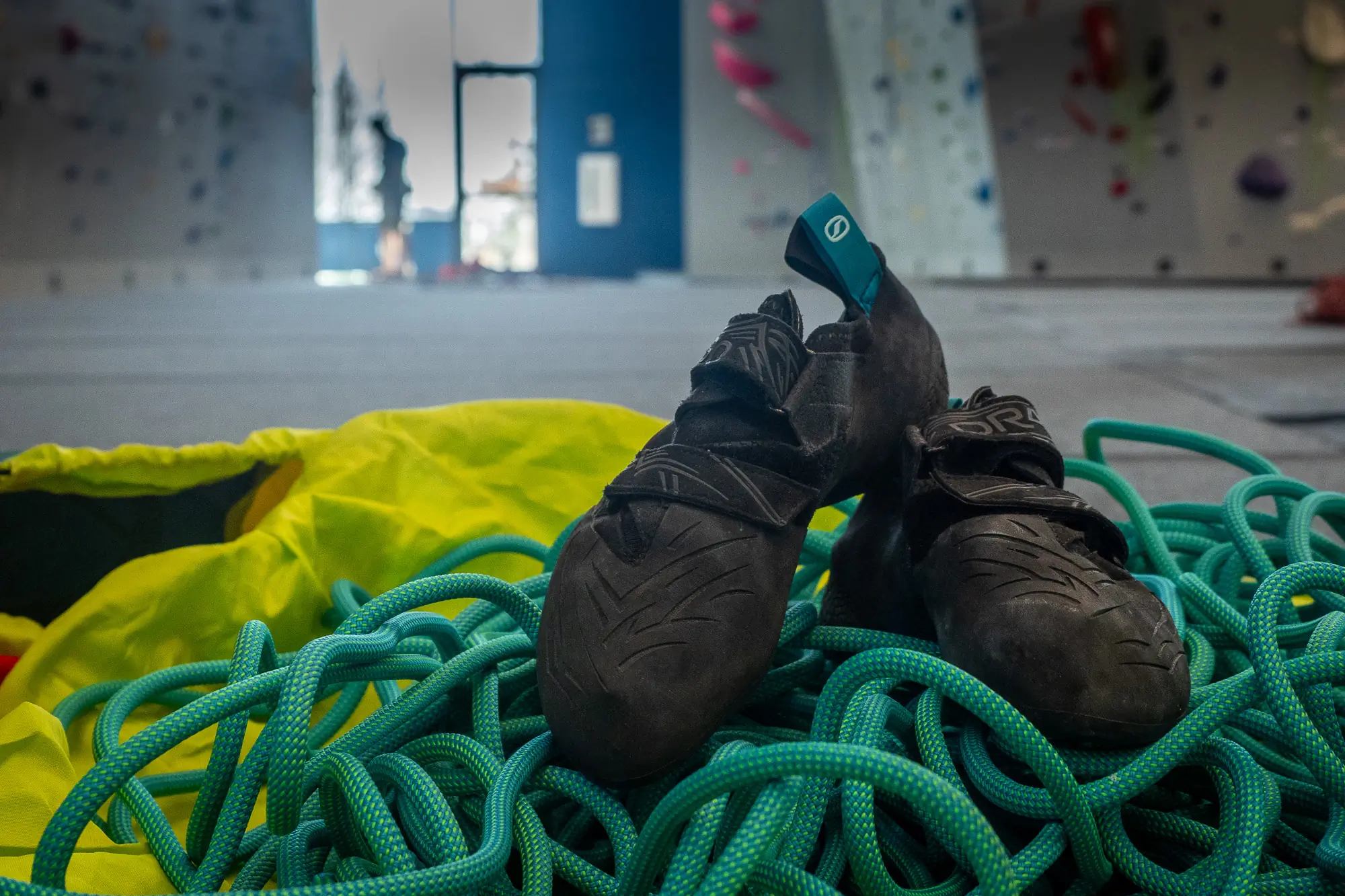Scarpa Drago XT climbing shoes in a rock gym
