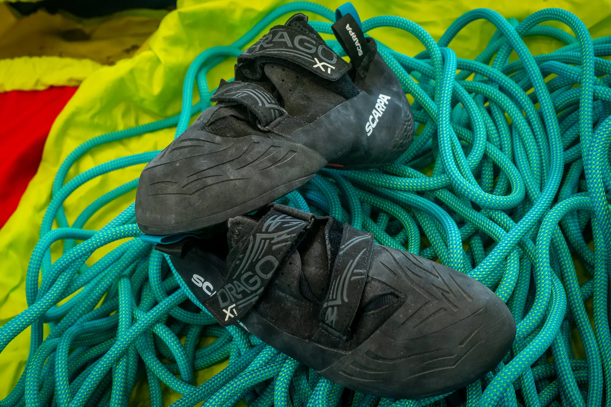 Scarpa Drago XT climbing shoes on a rope