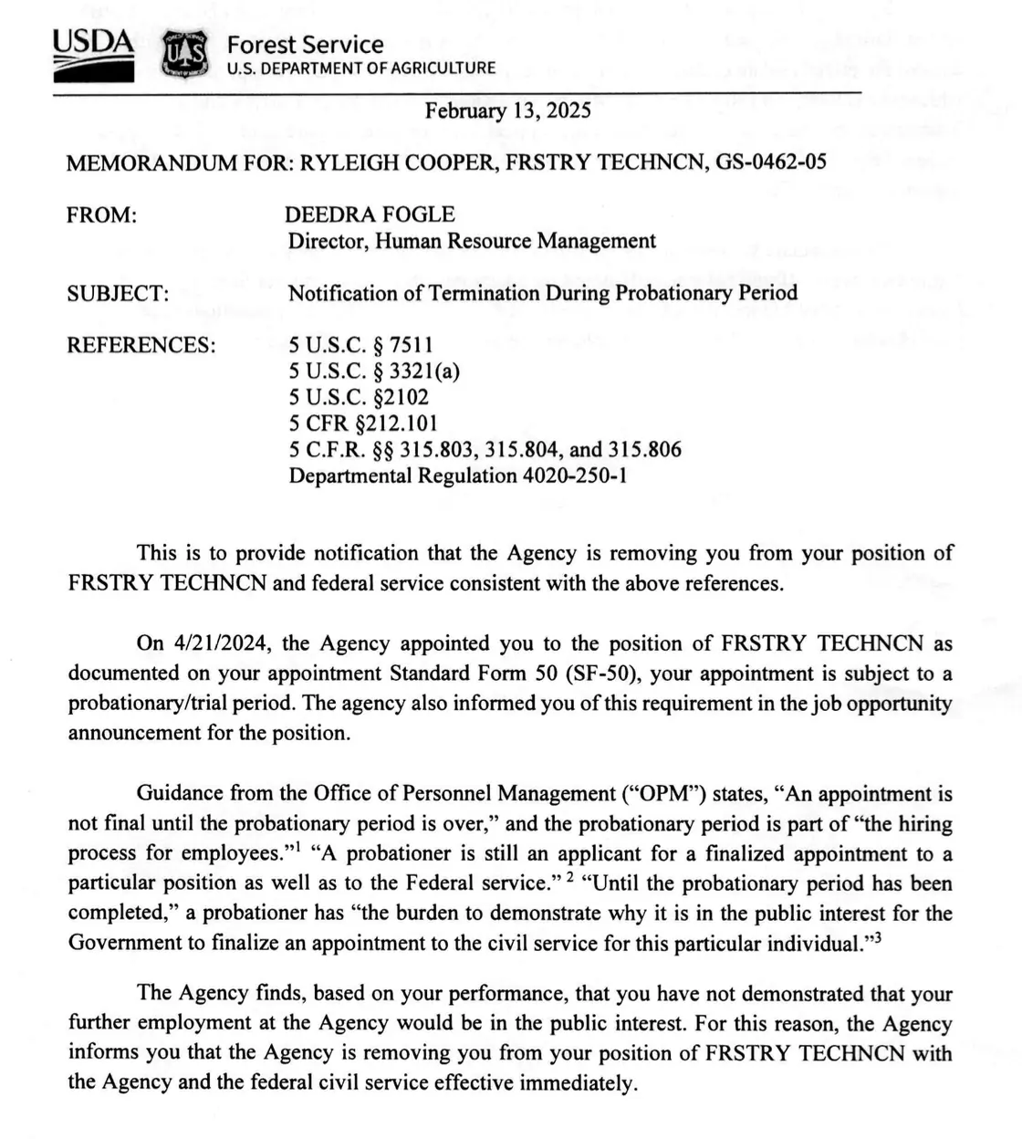 lay off letter forest service