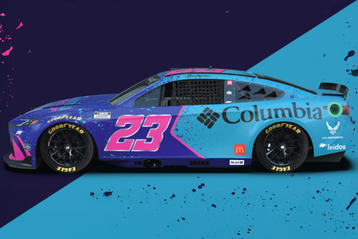 number 23 nascar columbia sporstwear purple teal bugaboo toyota bubba wallace