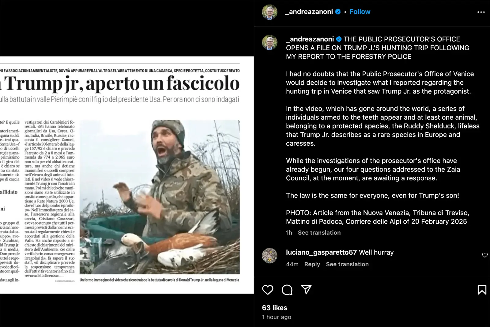 instagram post trump jr. duck hunt