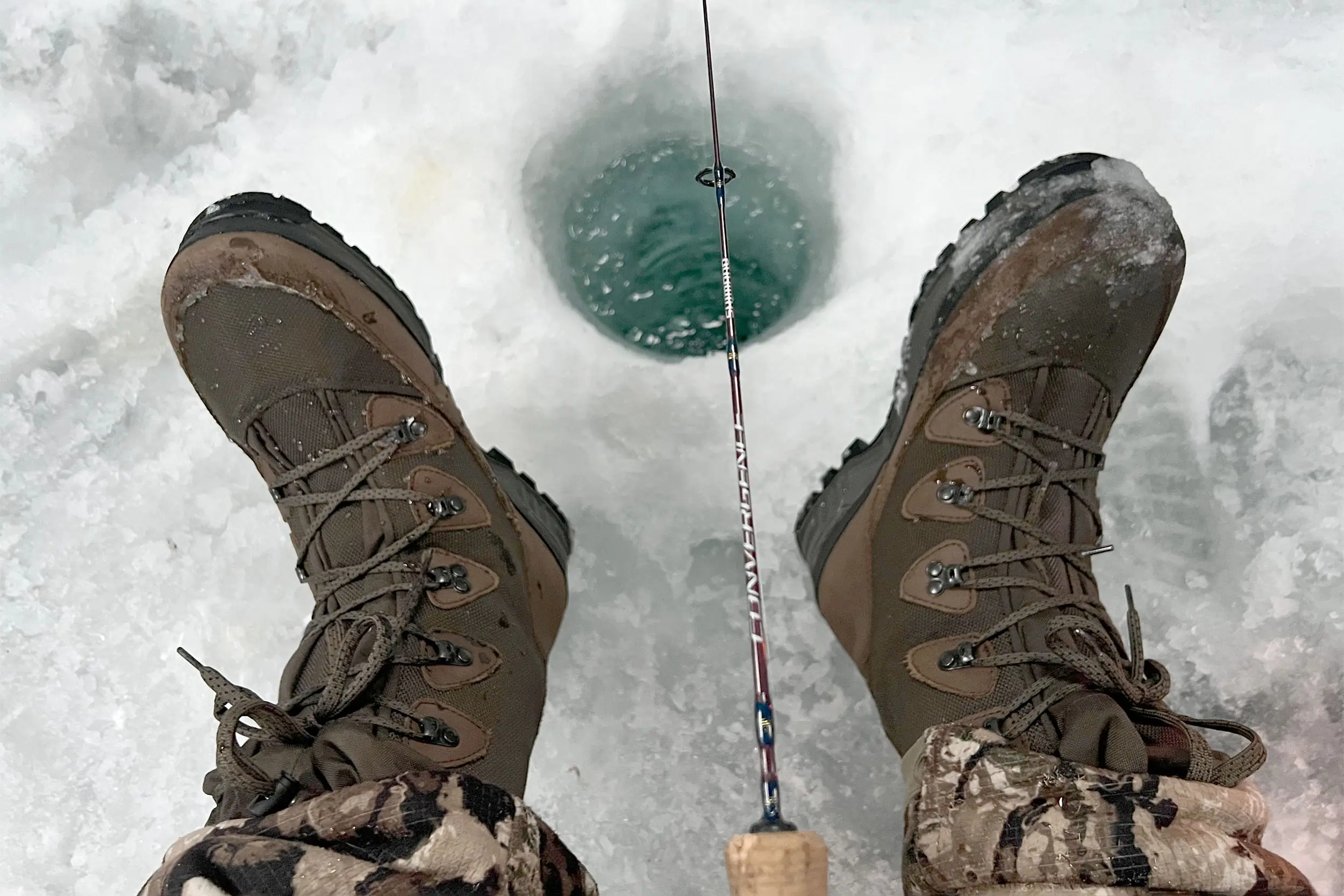 Meindl Nordkap PRO GTX boots and an ice fishing hole