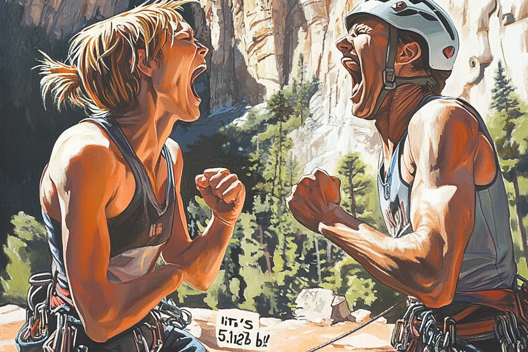 Two rock climbers arguing over grades