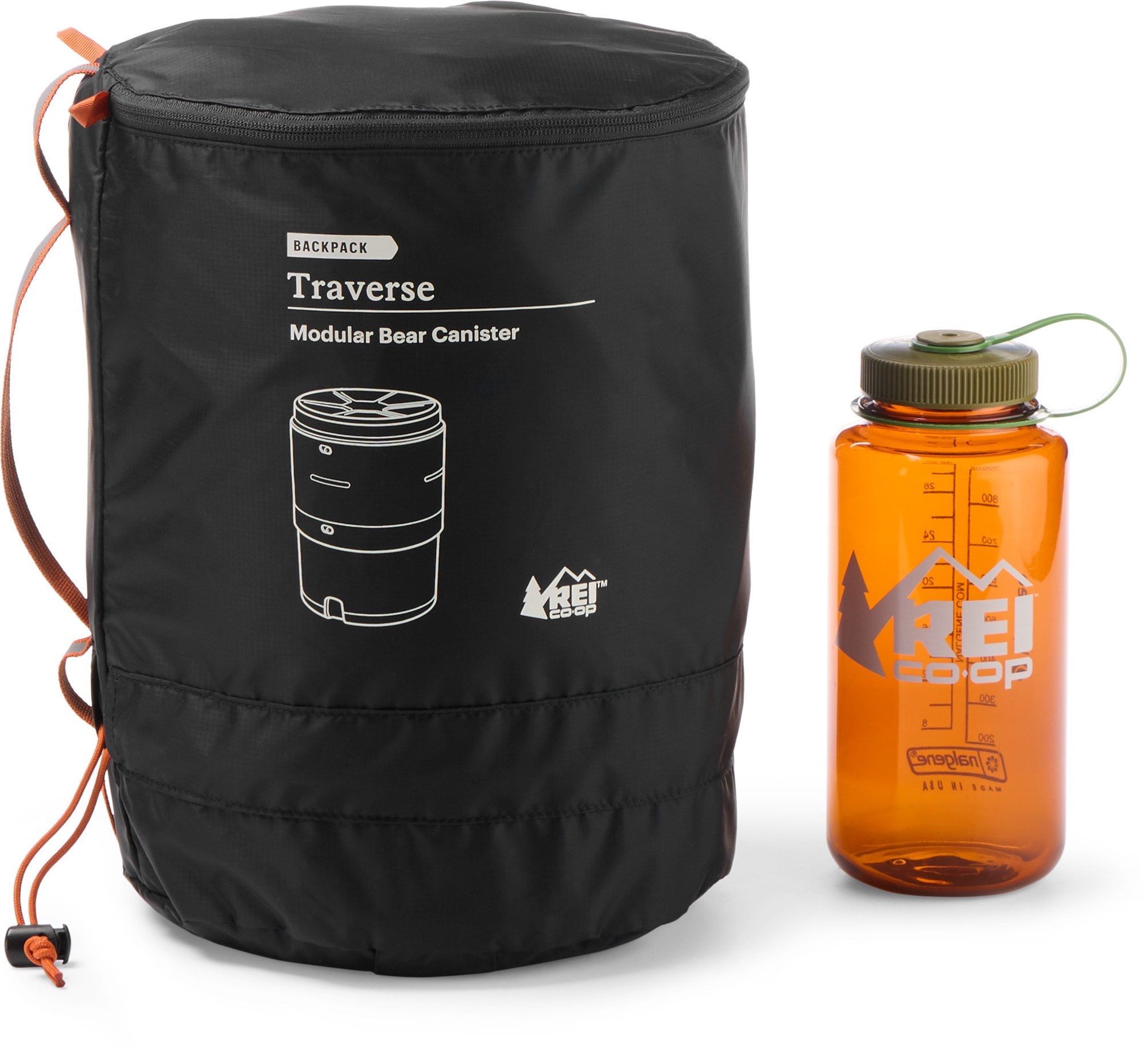 REI Co-op Traverse Modular Bear Canister and Nalgene for size comparison