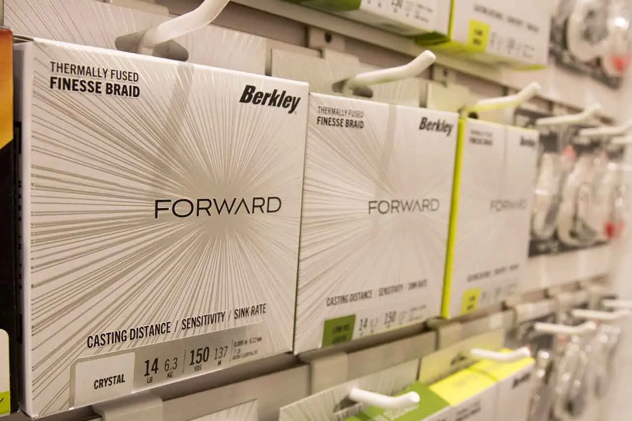 Berkley Forward Braid, a new fishing line hangs on display.
