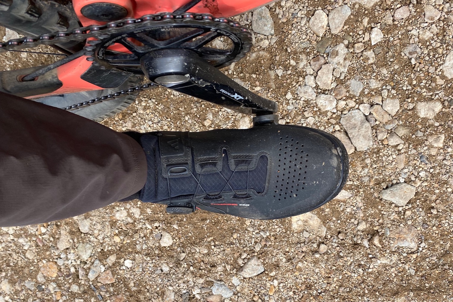 Looking down at the Five Ten Freerider Pro BOA shoe while on a test ride