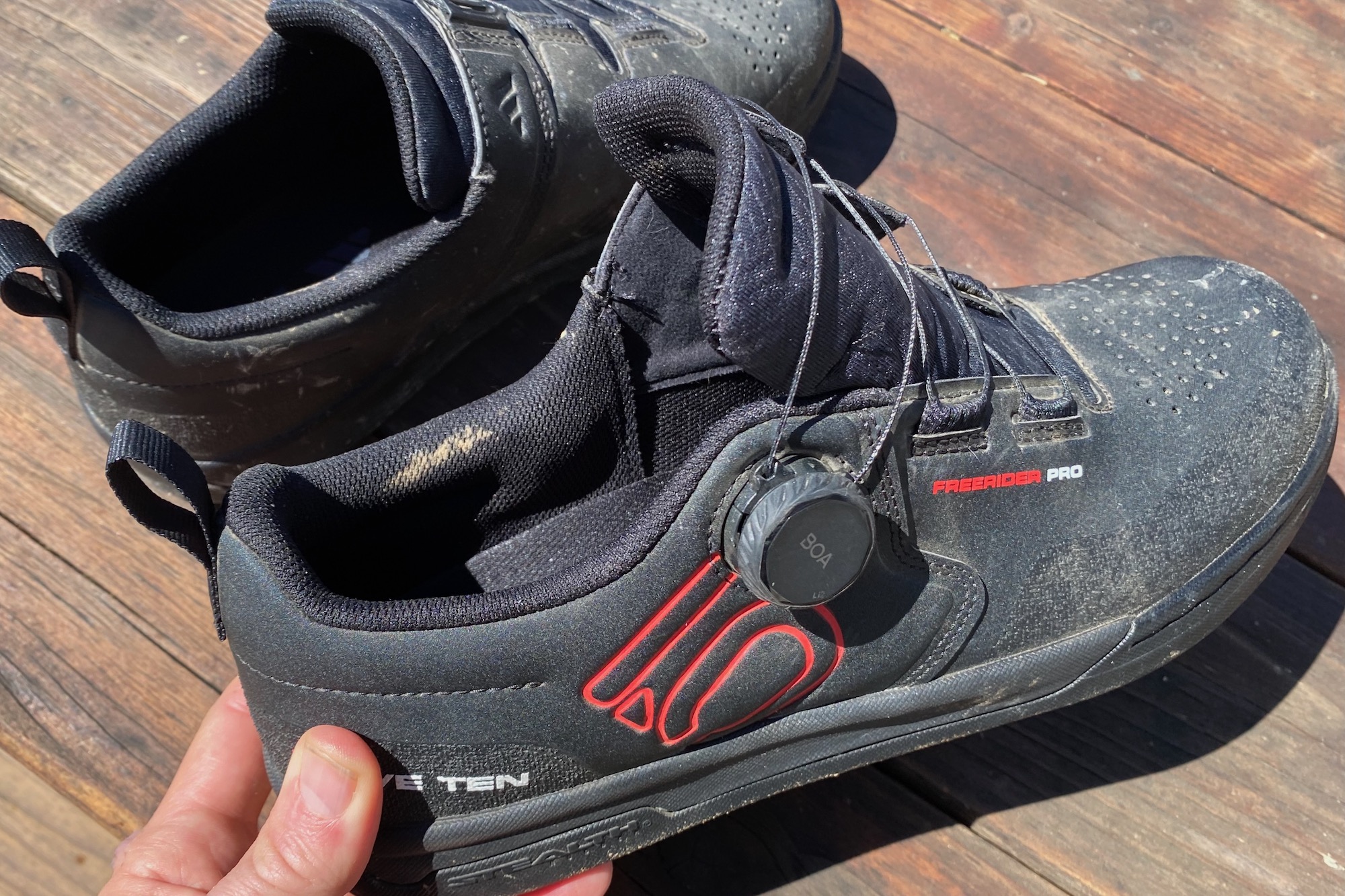 The tongue pulled open wide on the Five Ten Freerider Pro BOA shoes