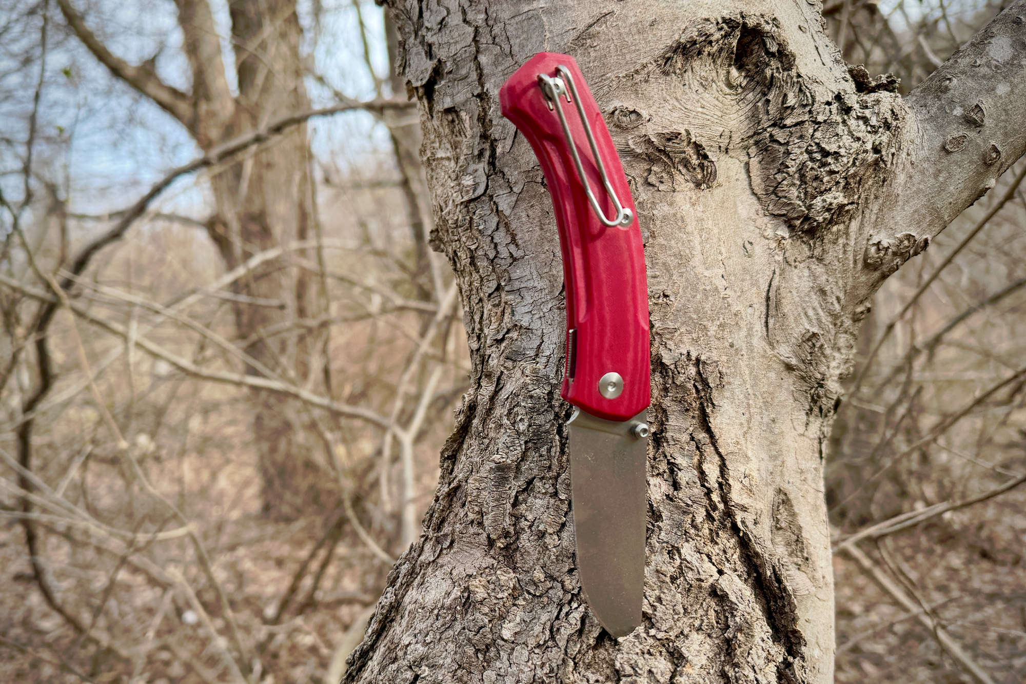 GiantMouse Iona V2 knife, with a red handle, leaning against a tree trunk, showing its blade partially extended