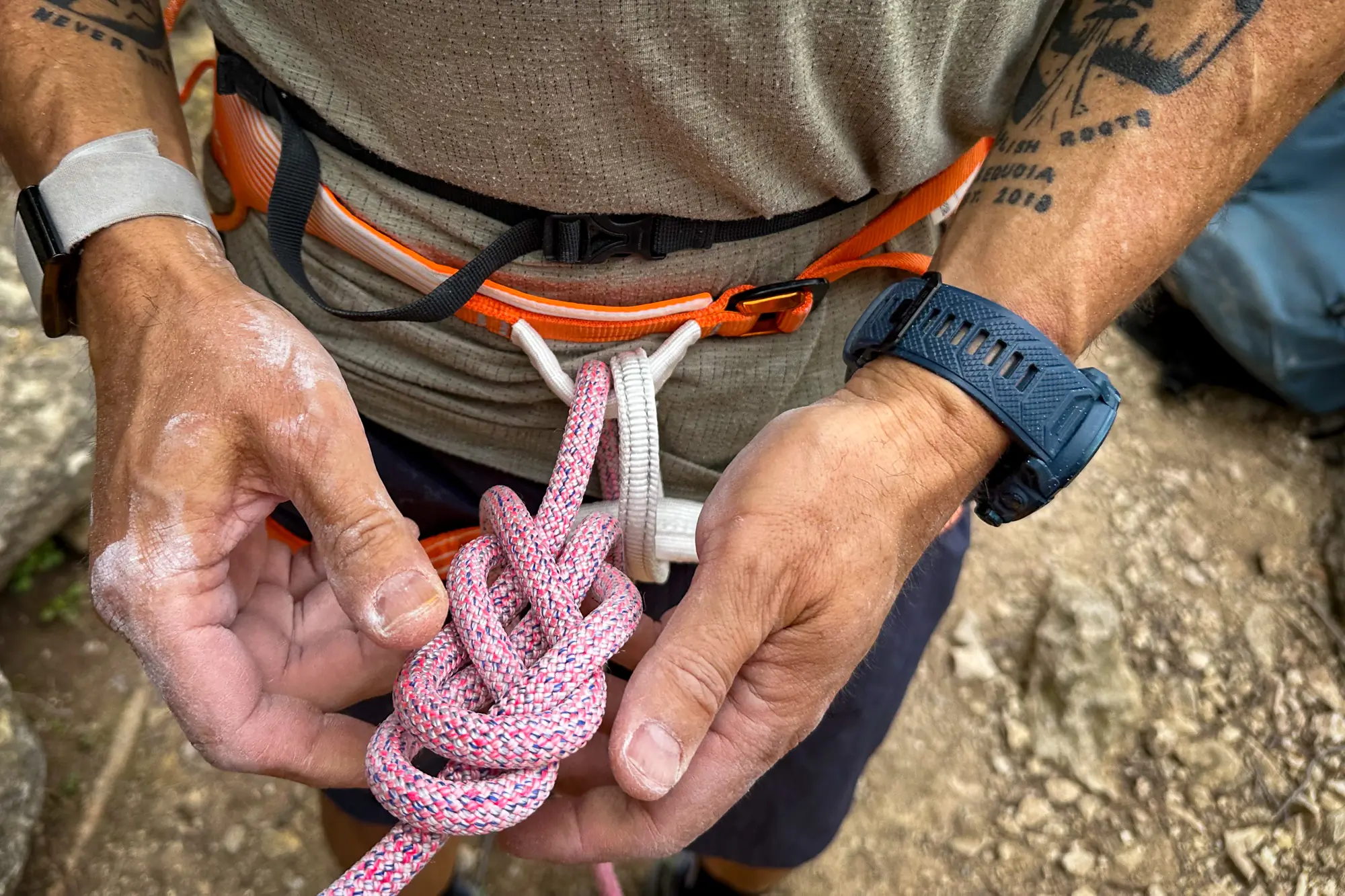 Edelrid Birdlime 1R 9.8 being tied into a figure 8 follow through knot