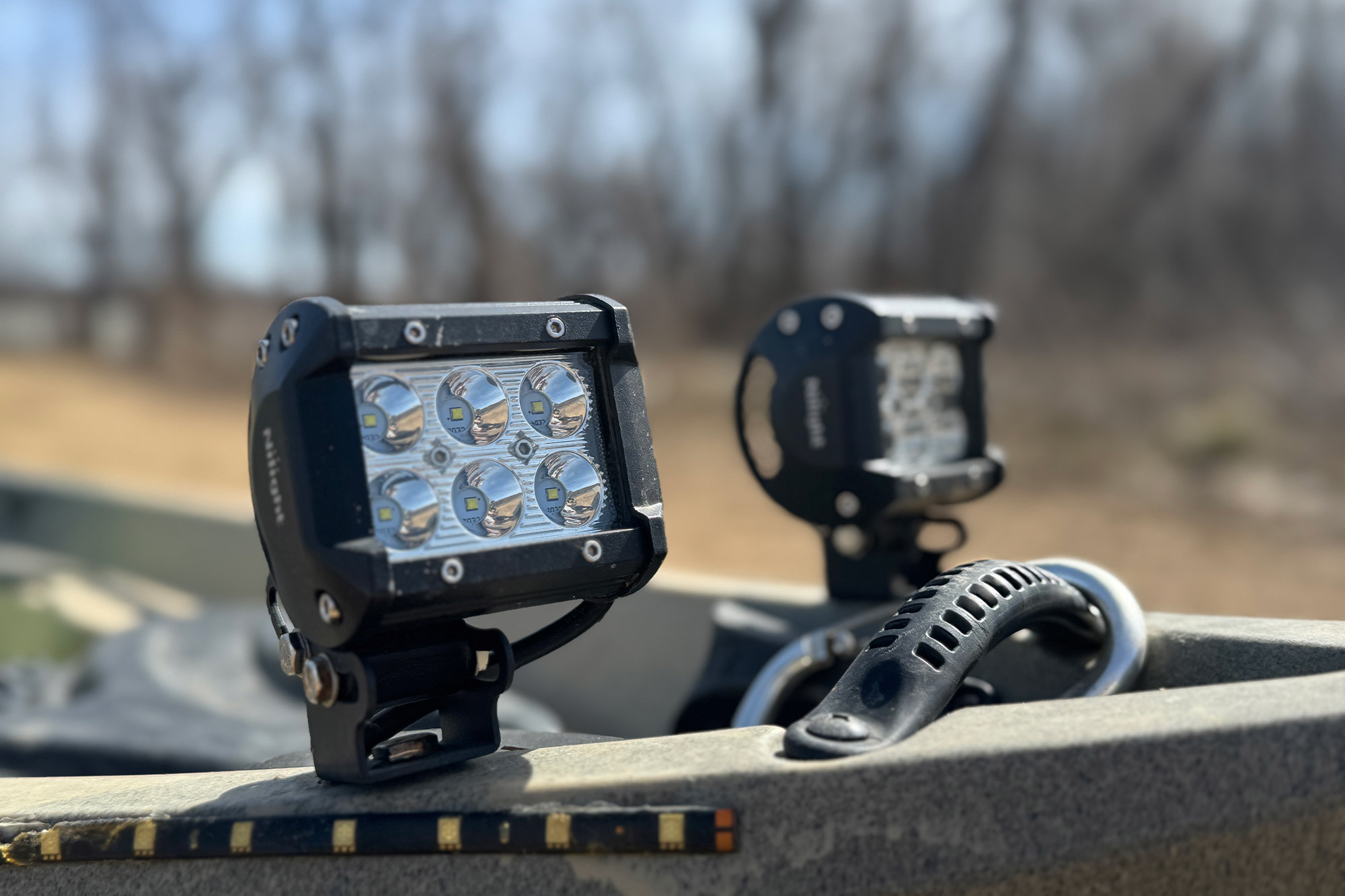 Two mounted LED lights are set up for better visibility during early morning hunts