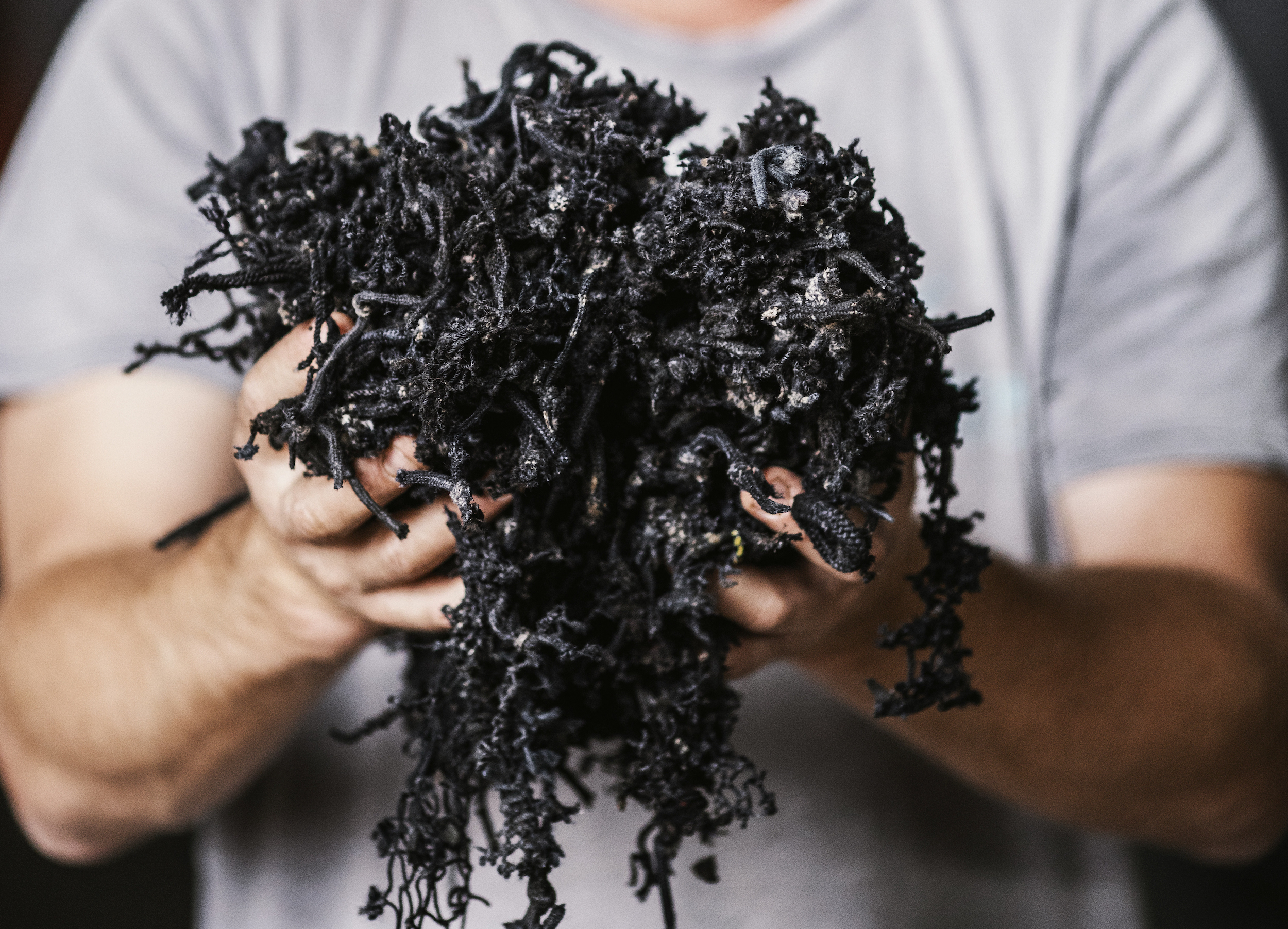 Hands holding recycled fishing net