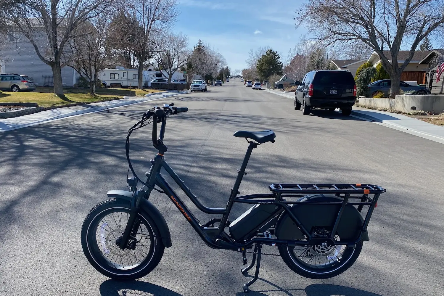 The Rad Power RadWagon 5 parked on a residential street