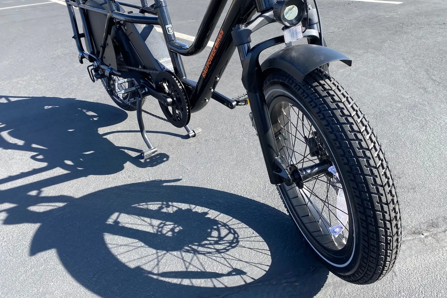 Looking at the suspension fork and 20-inch wheels and tires on the RadWagon 5