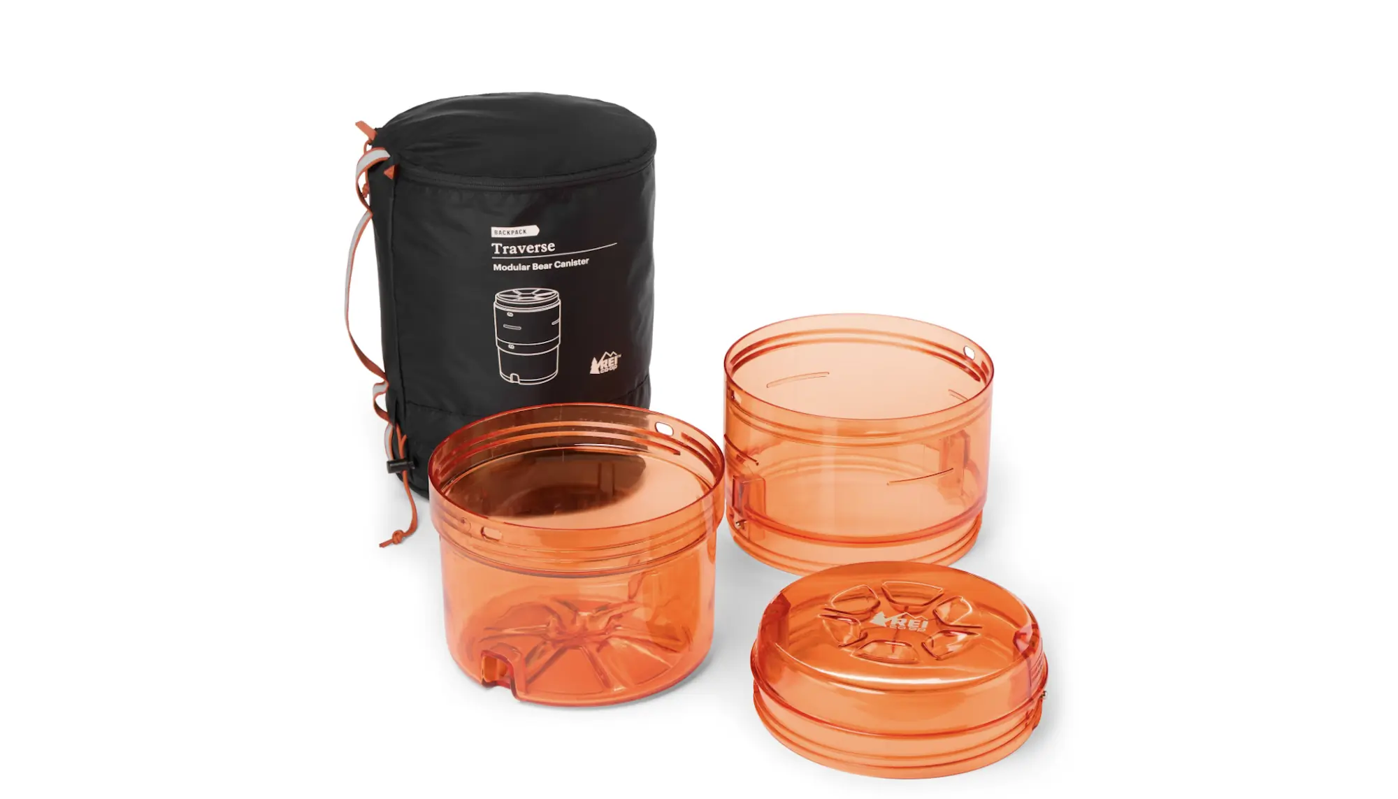 Orange bear canister parts with black carrying bag