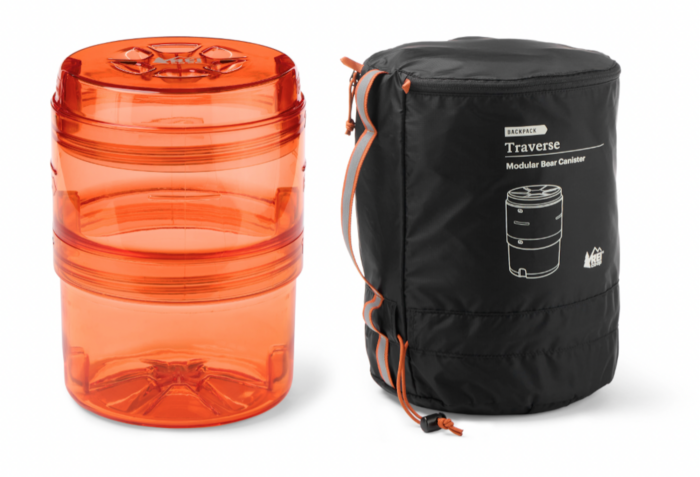 REI Co-op Traverse Modular Bear Canister with reflective stripes on carry case