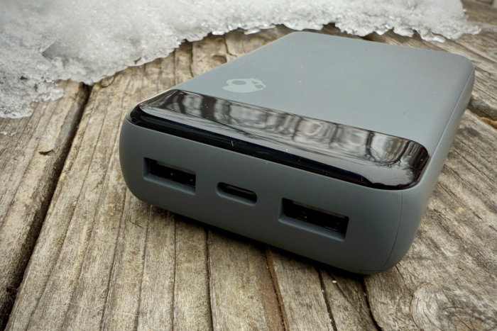 A close-up of the Skullcandy Fat Stash 2 power bank showing its USB ports