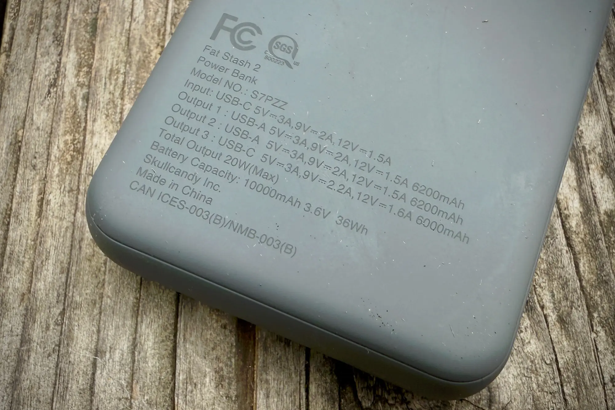 The back of the Skullcandy Fat Stash 2 power bank, showing technical information