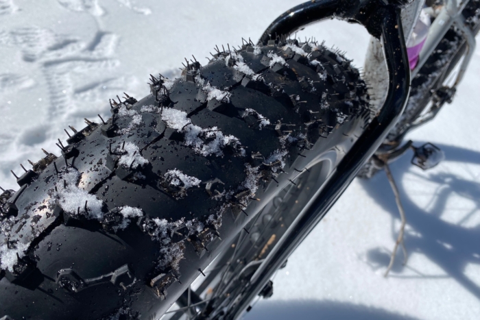 A look at the tread on the 4.5-inch wide Kenda fat tires.