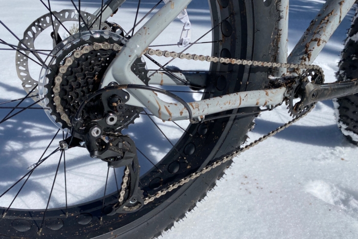 The 9-speed Shimano drivetrain on the State Fat Bike