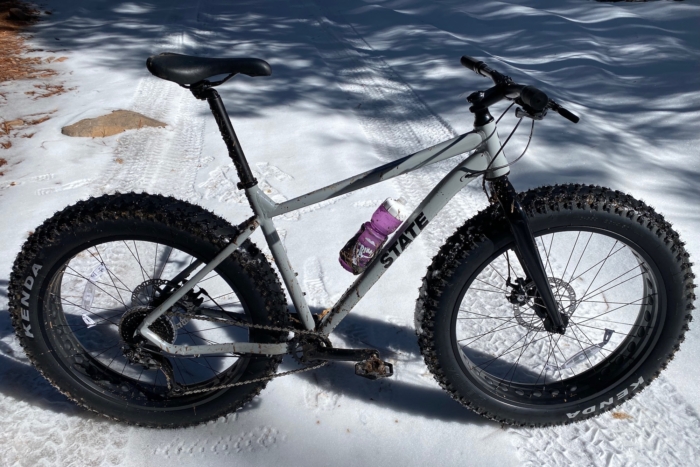 Side view of the State fat Bike while out on a snowy test ride