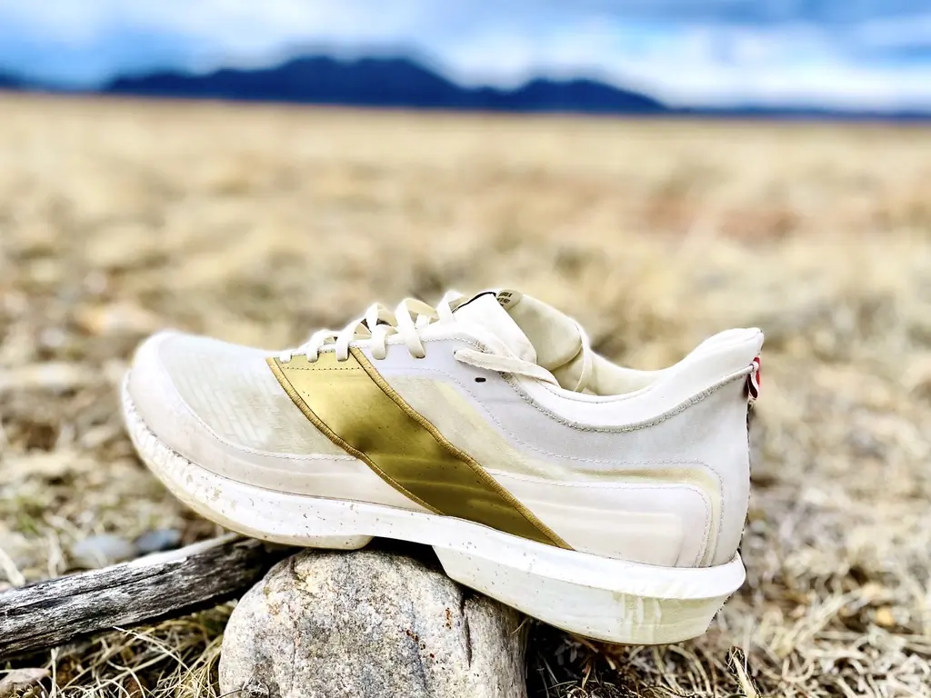 A single Tracksmith Eliot Racer with gold and white tones balanced on a rock in an open field