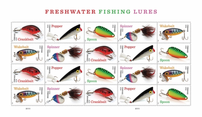 Image of USPS stamps featuring fishing lures.
