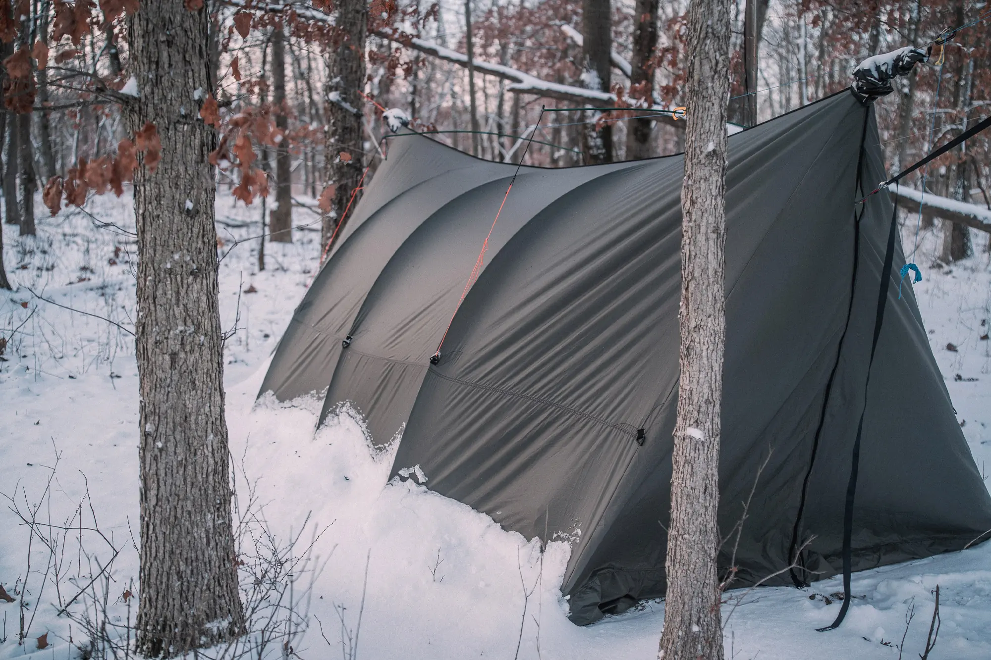 Warbonnet Tsunami tarp set up in a snowy forest, secured between trees