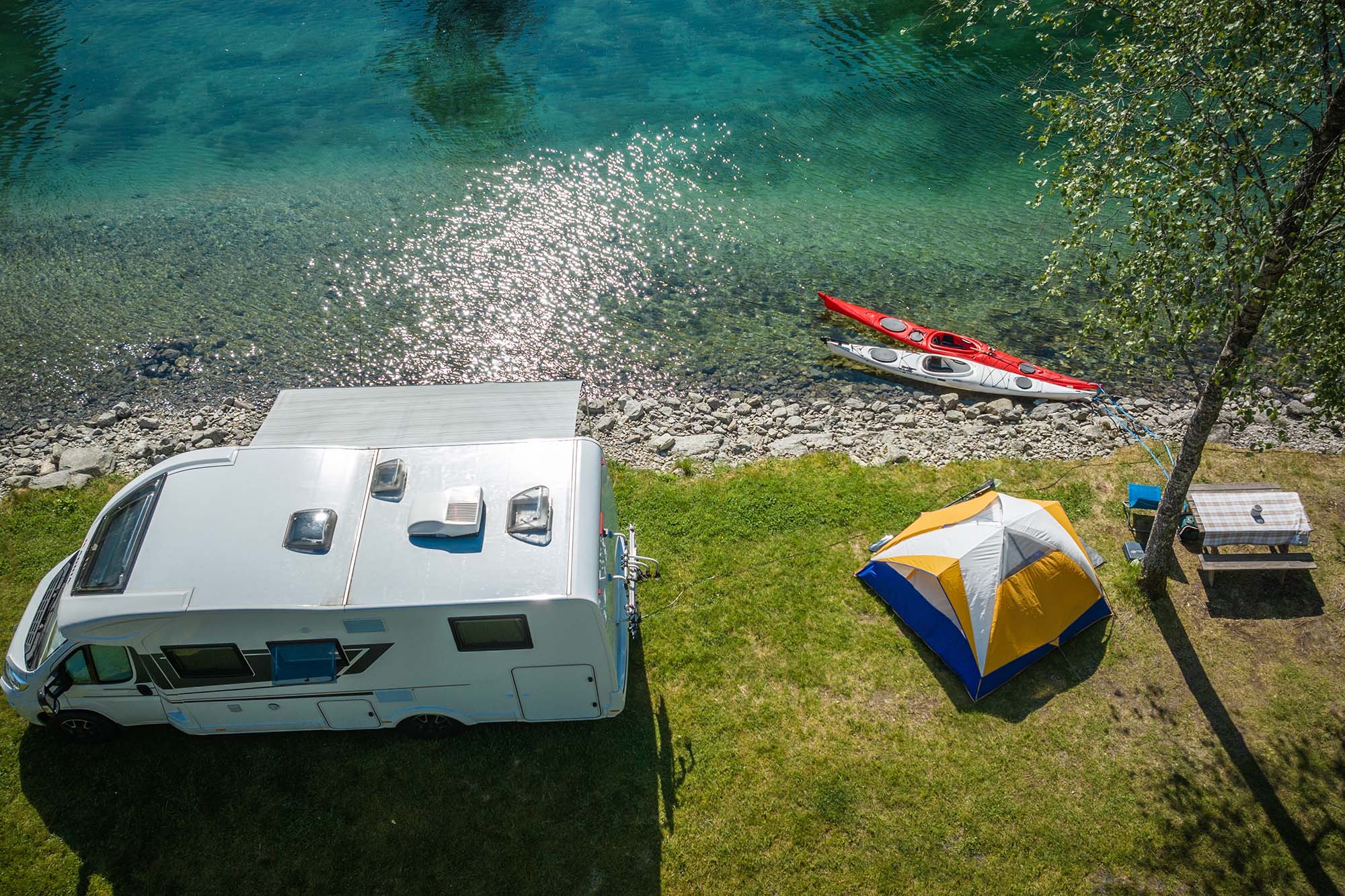 Summer,Time,Waterfront,Rv,Camper,Van,Camping,With,Tent,And
