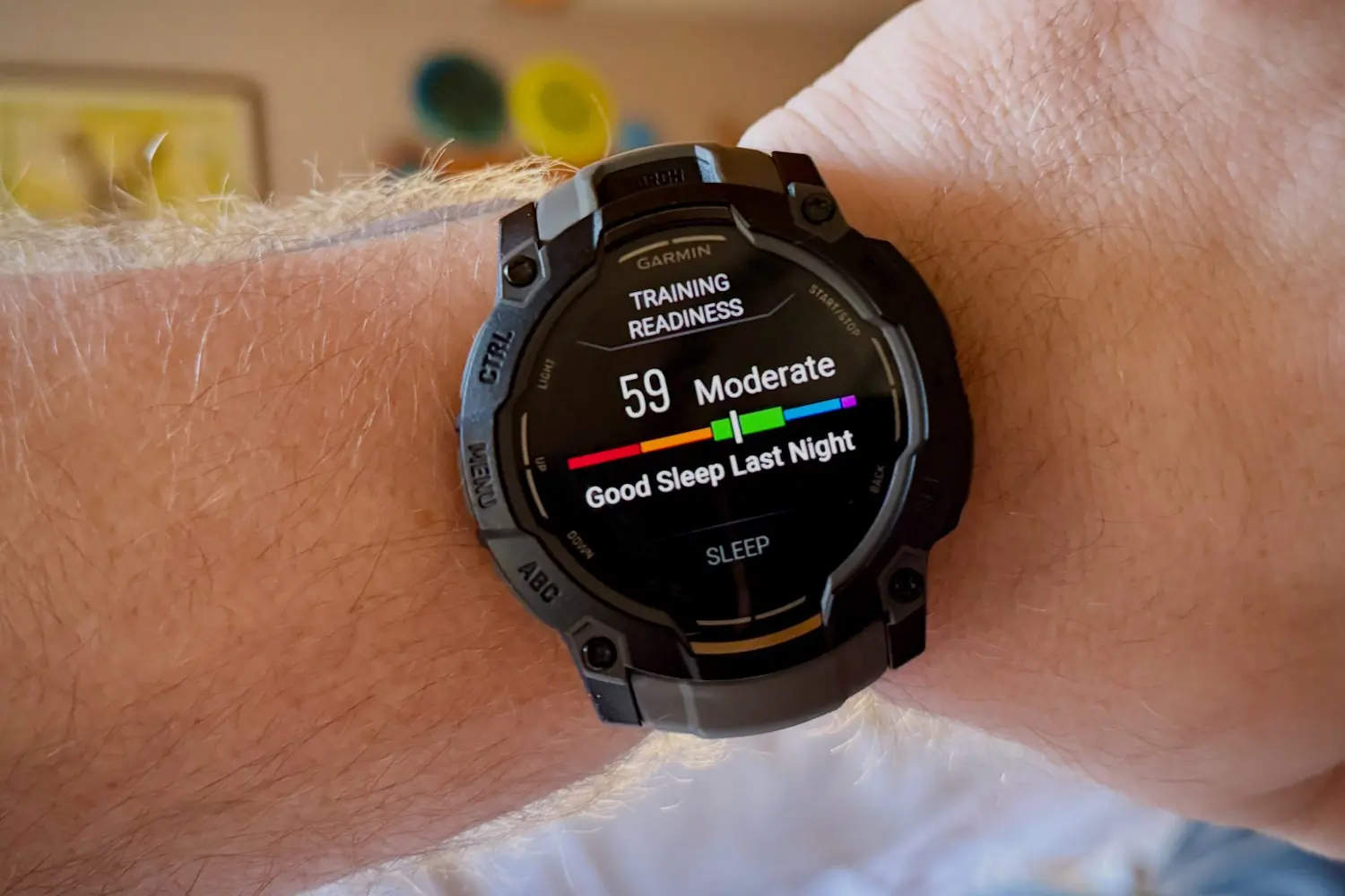 Closeup of Garmin instinct 3 on person's wrist