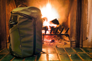yeti ranchero backpack on mantle by fireplace