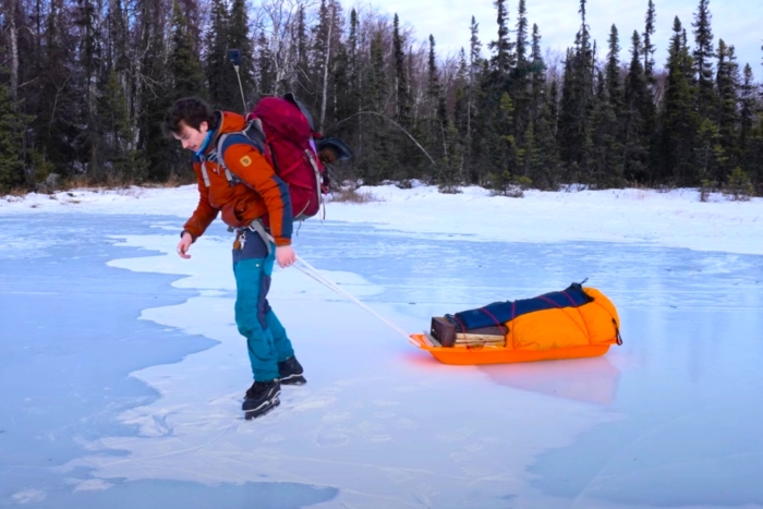 Backcountry wild ice skating hot tent camping trip