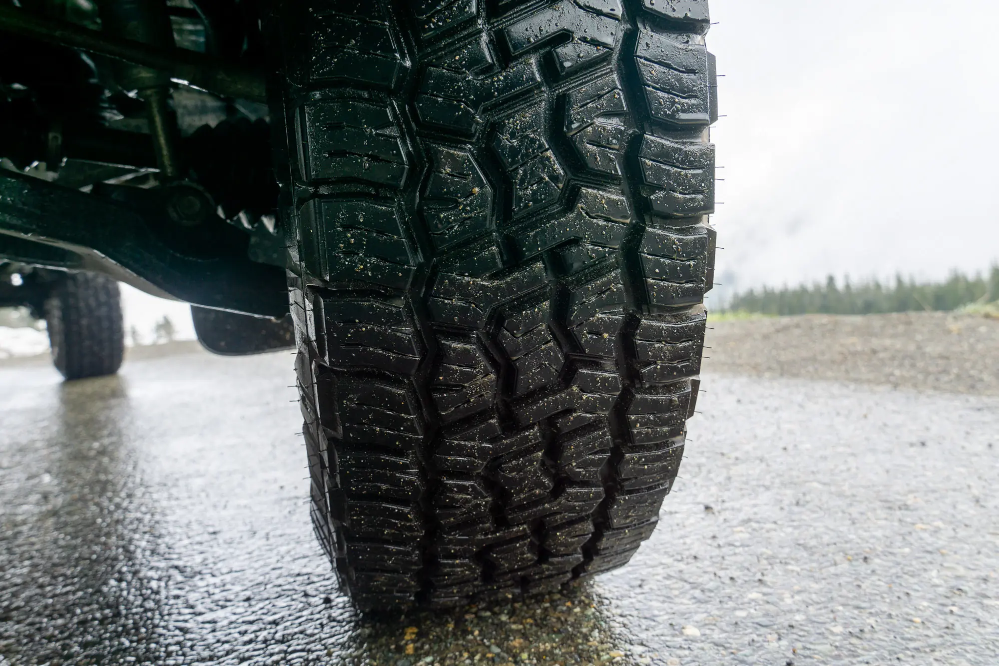 A tight image of the tread pattern on the Nitto Terra Grappler G3s on wet road