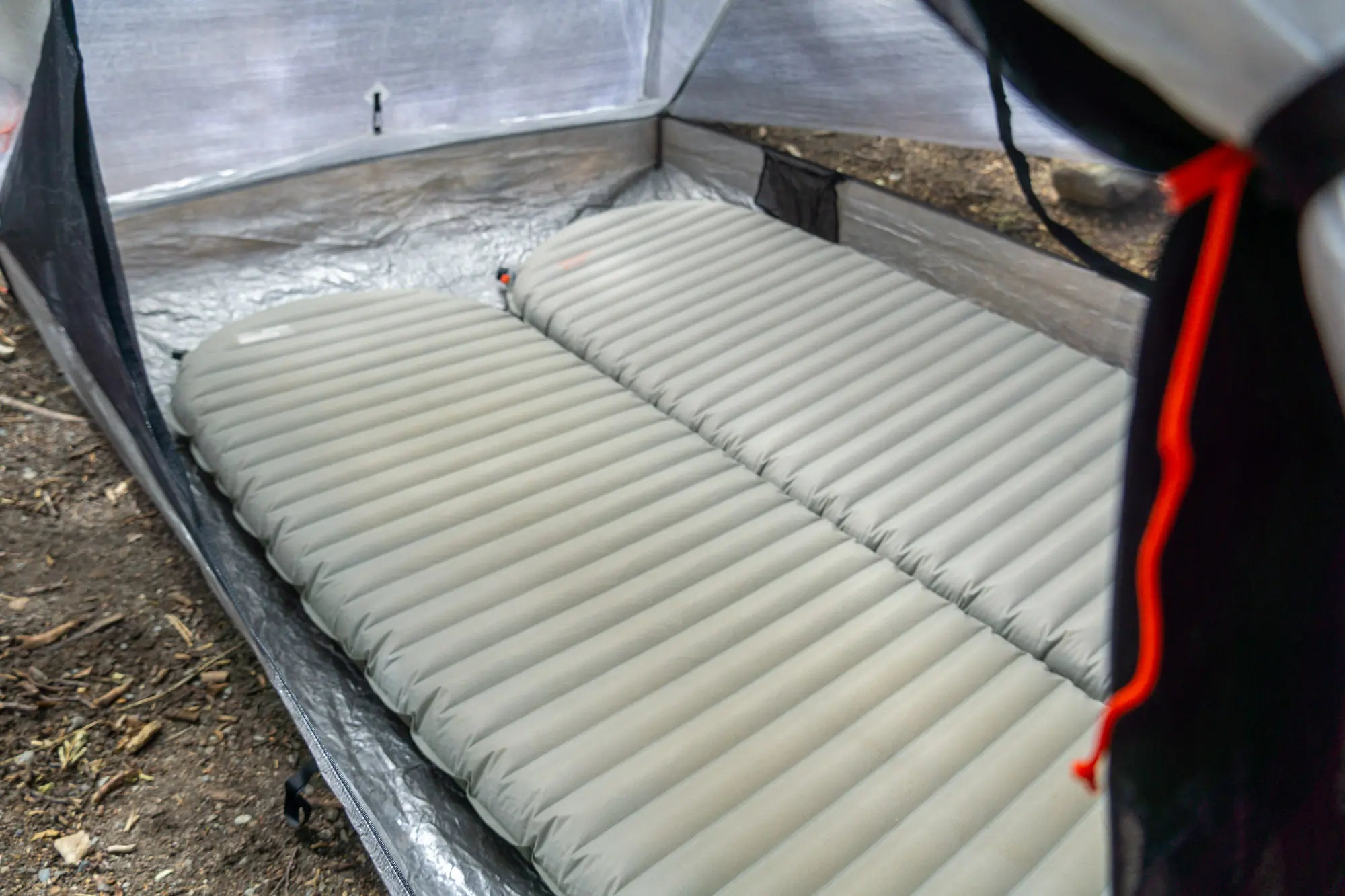 Two Therm-a-Rest XTherm sleeping pads side by side in the HMG CrossPeak 2 ultralight tent