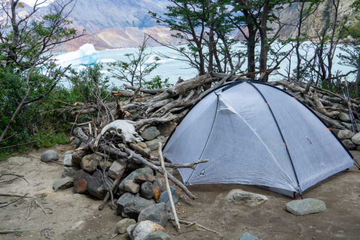 The Hyperlite Mountain Gear CrossPeak 2 tent set up on Lago Viedma in Patagonia