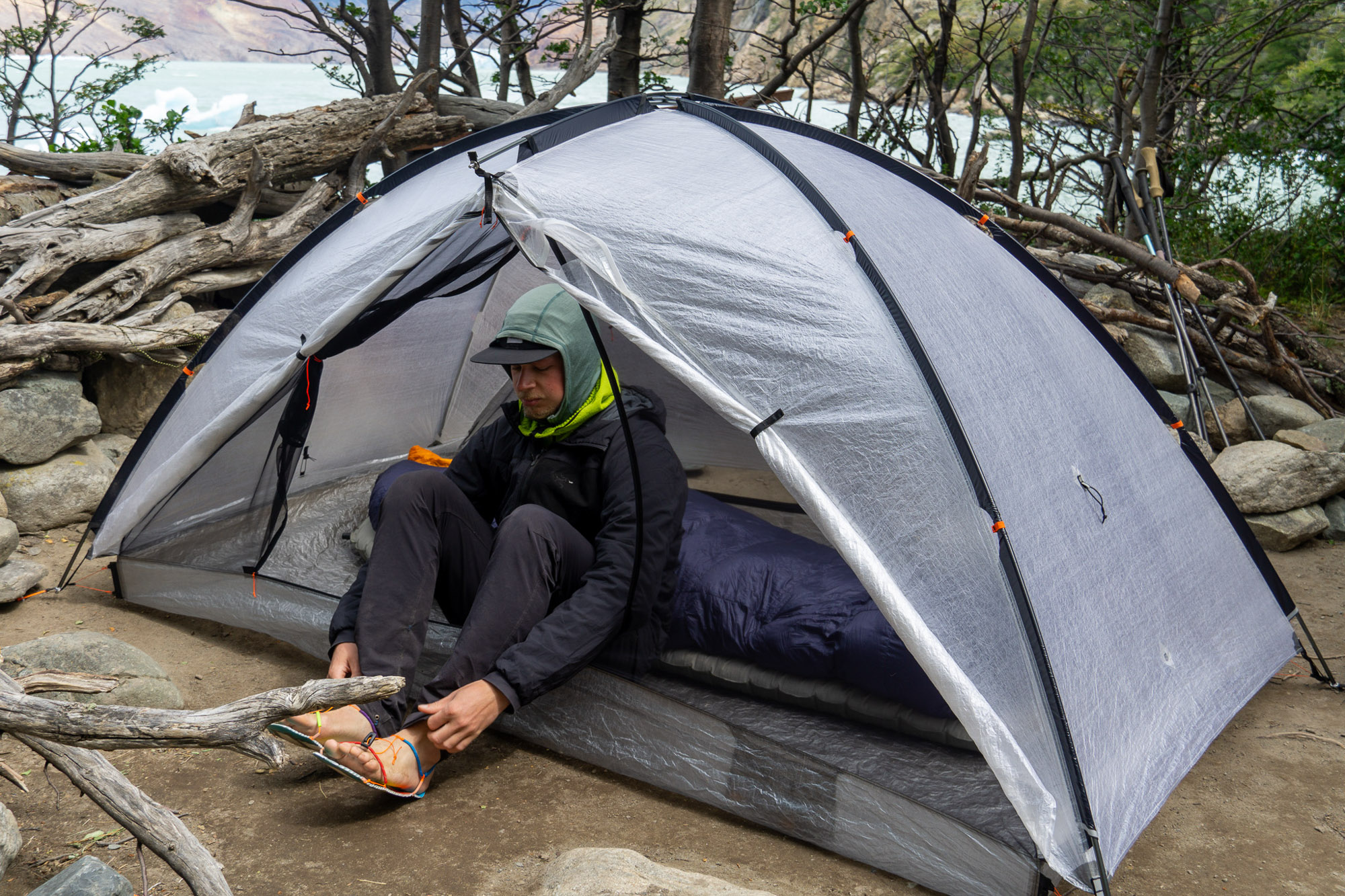 a hiker sits in the hmg crosspeak 2 tent in patagonia