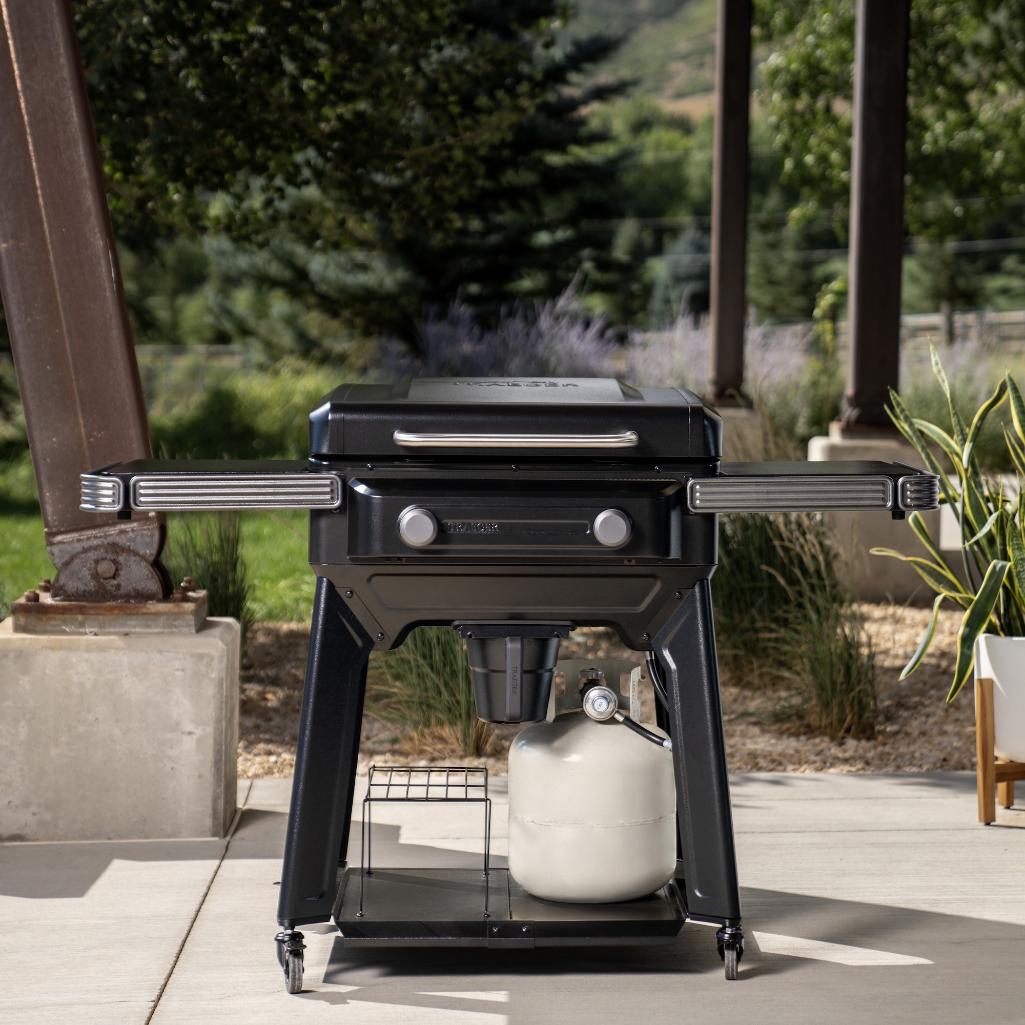 front view of a grill on a patio