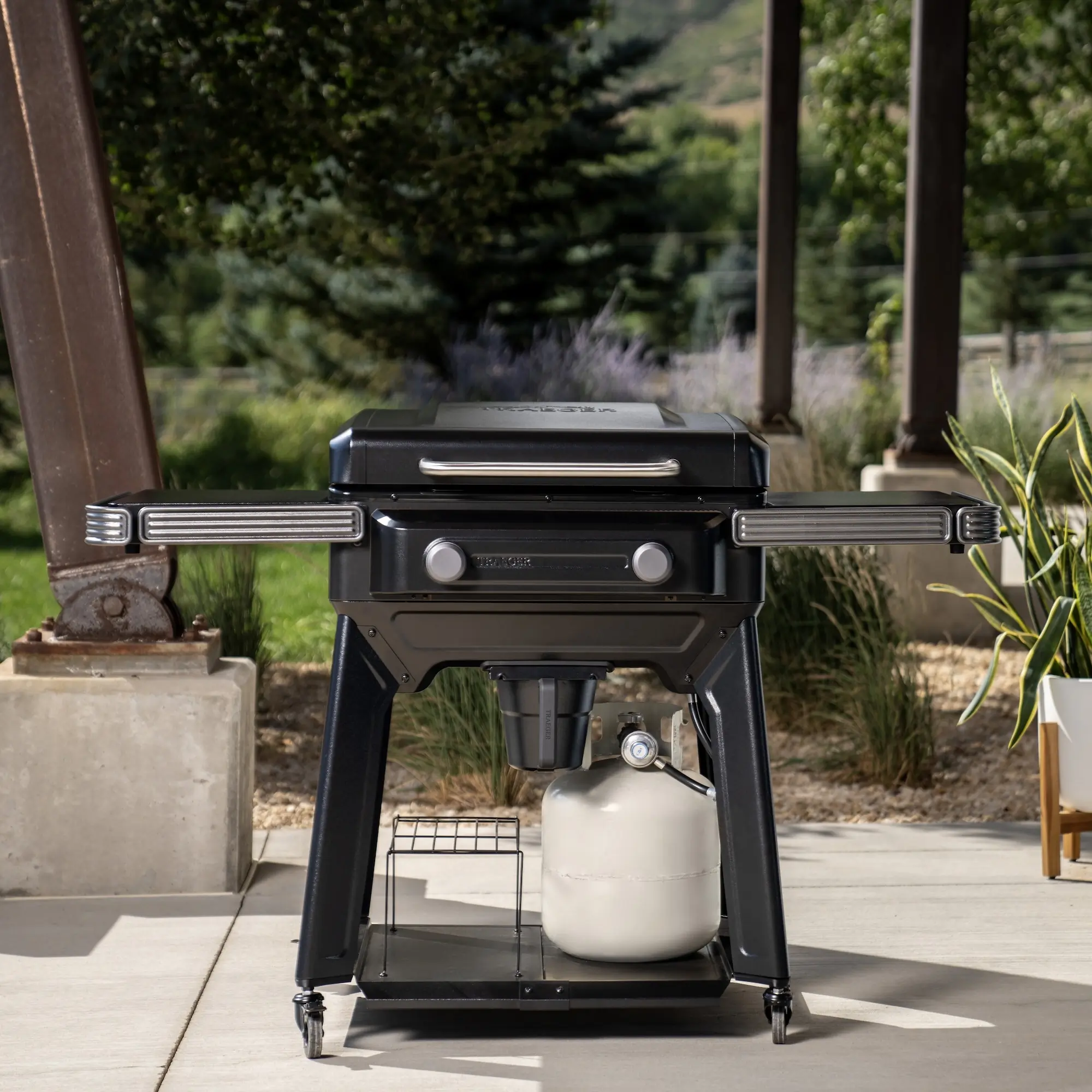 front view of a grill on a patio