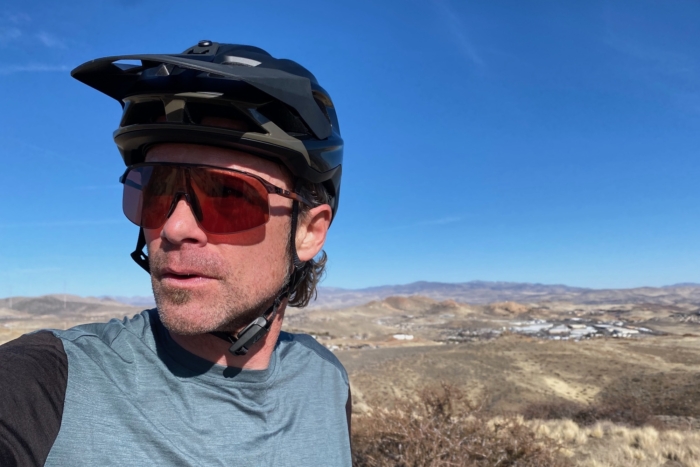 Wearing the Fox Speedframe Pro helmet on a test ride