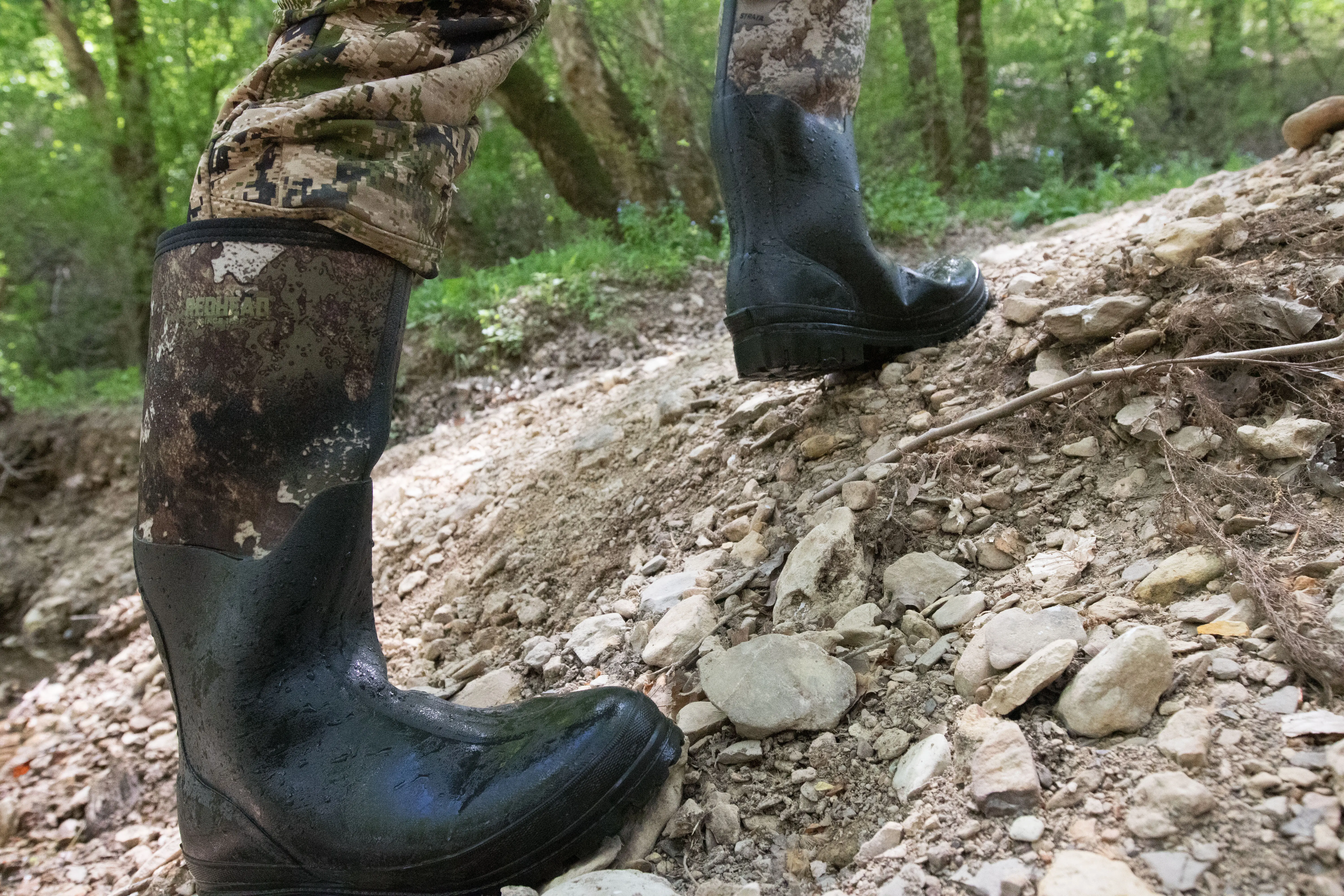 Hiking up shale and loose rock in rubber boots.