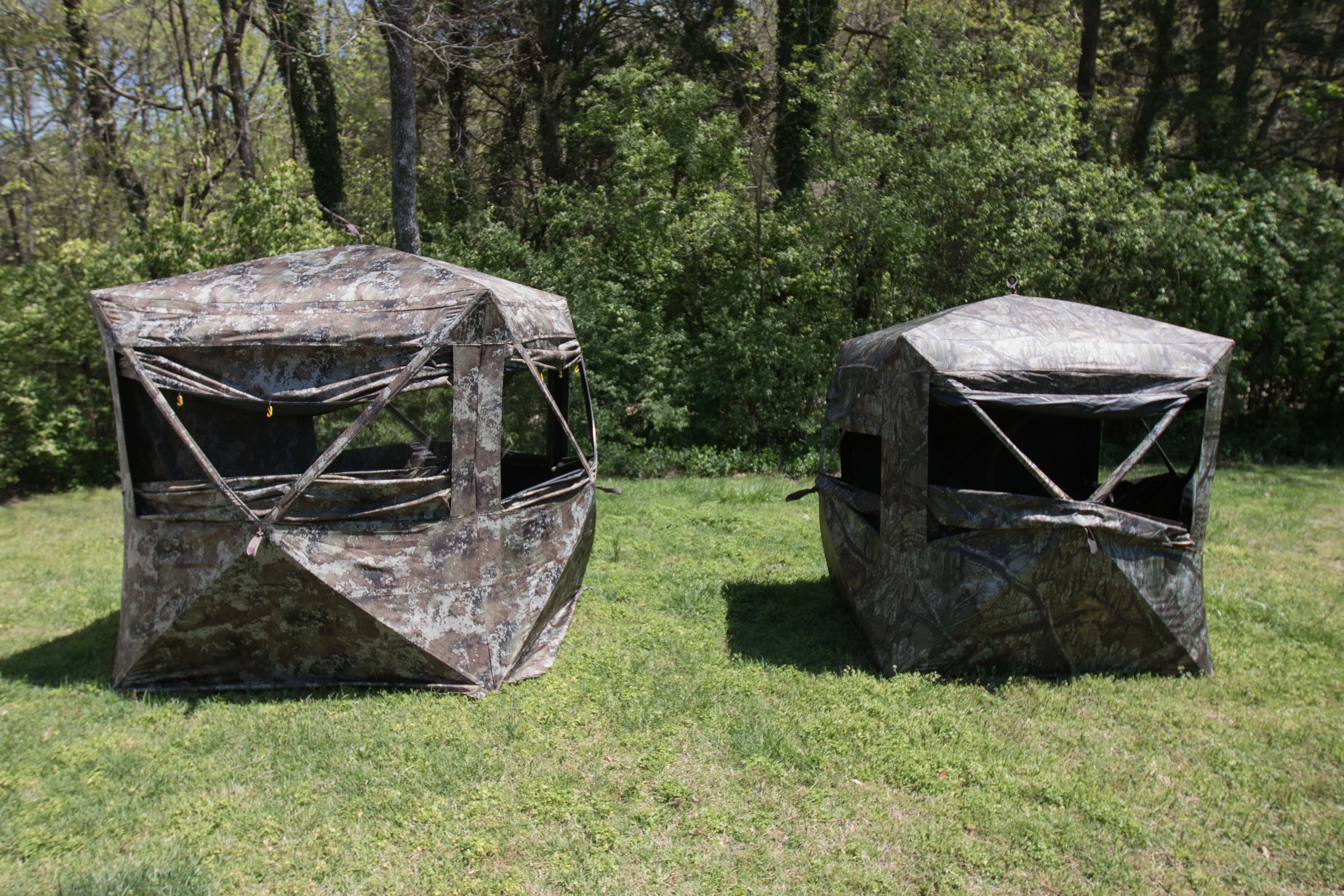 The Cabela's Specialist XL hunting blind and the Game Winner Bushwacker 2.0 HUB blind side by side.