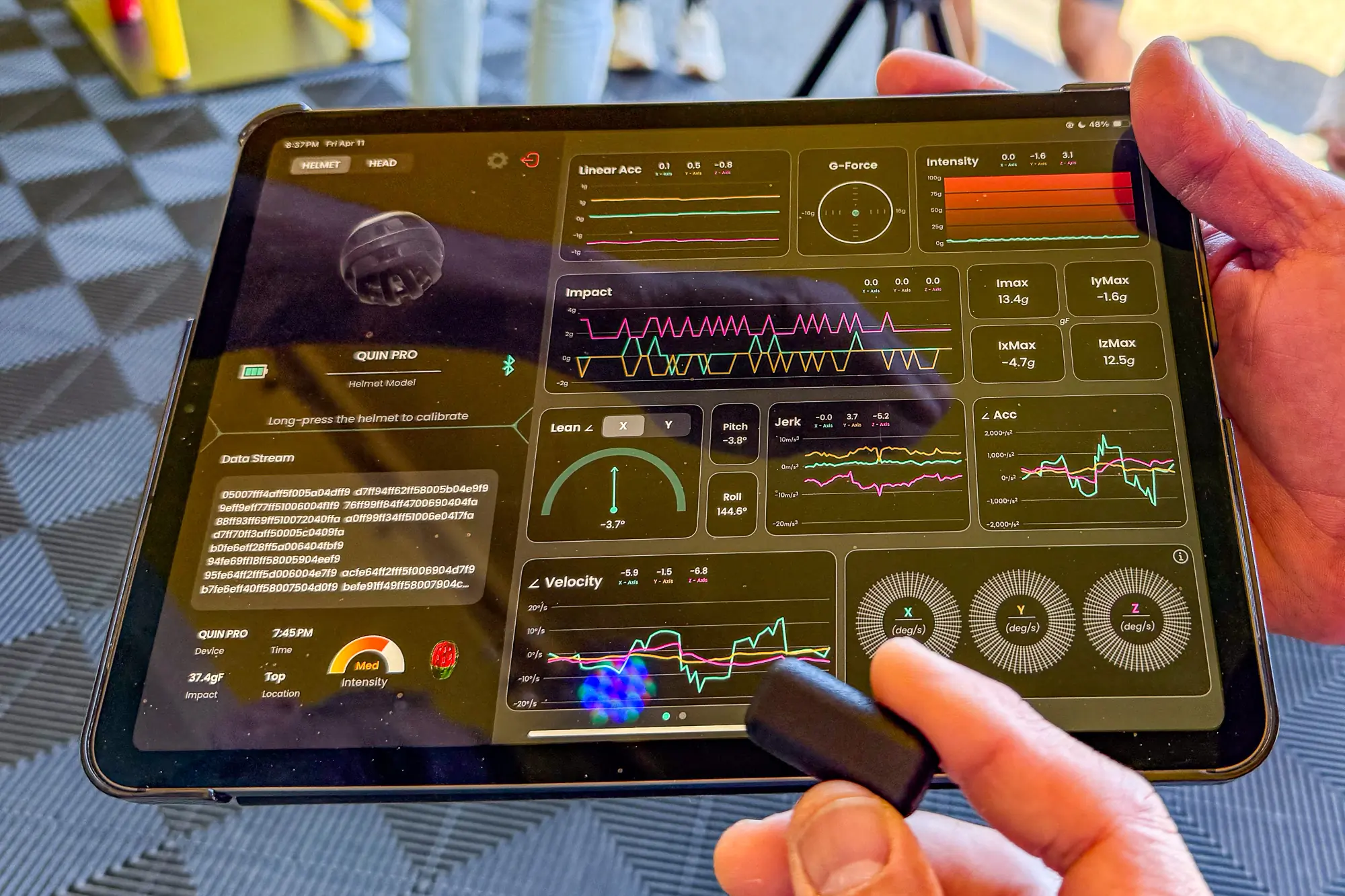 Quin Motion Intelligence sensor and data screen